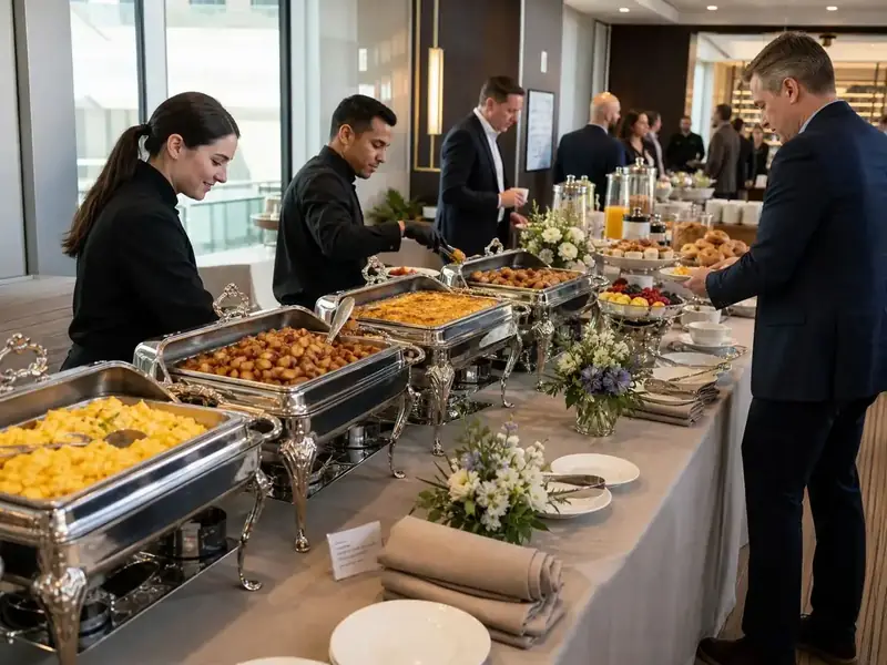 Refined Napa Catering Company buffet arranged with silver chafing dishes, seasonal flowers, baked goods, and fresh breakfast options.