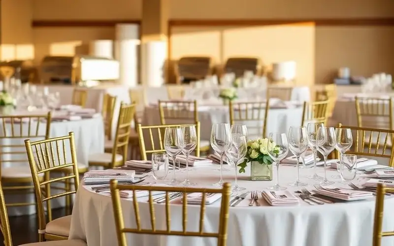Napa-inspired reception design with gold Chiavari chairs, layered stemware, crisp linens, and intimate floral details.