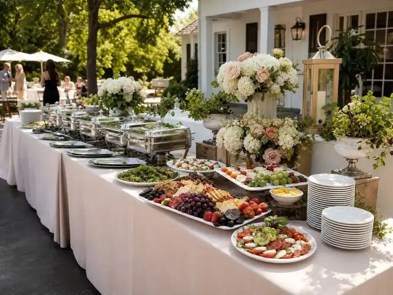 Napa Catering Company reception table showcasing wine-country charcuterie, fresh produce, romantic florals, and warm entrées.